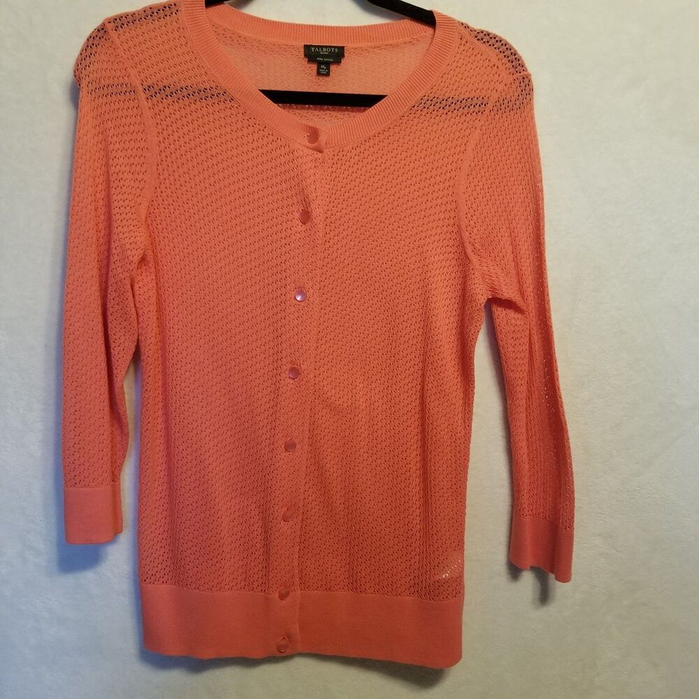 Talbots M Petite Cardigan Sweater Open Knit Pima Cotton Coral Lightweight Beach